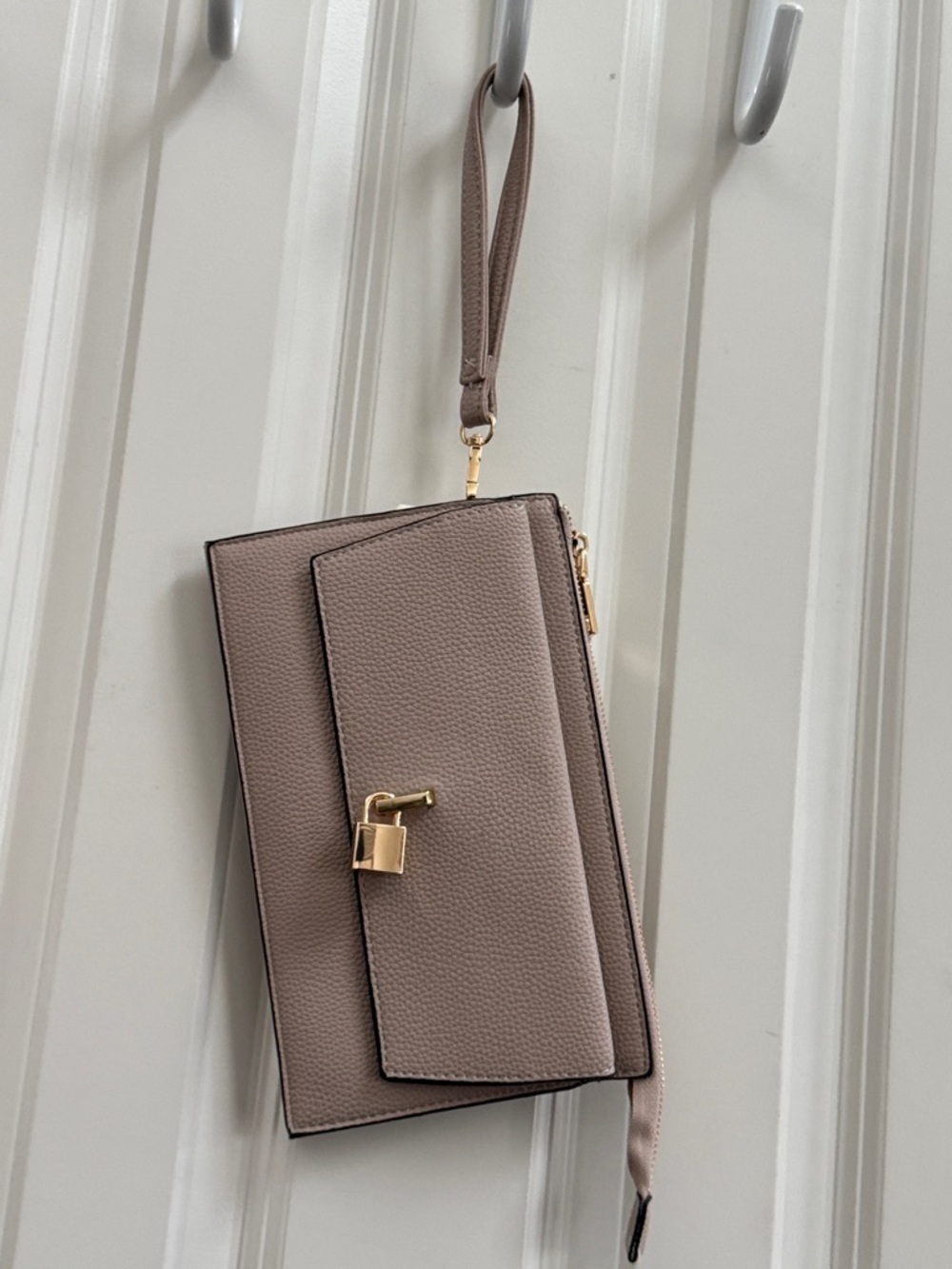 Taupe Pebbled Wristlet Clutch with Gold Lock Accent
